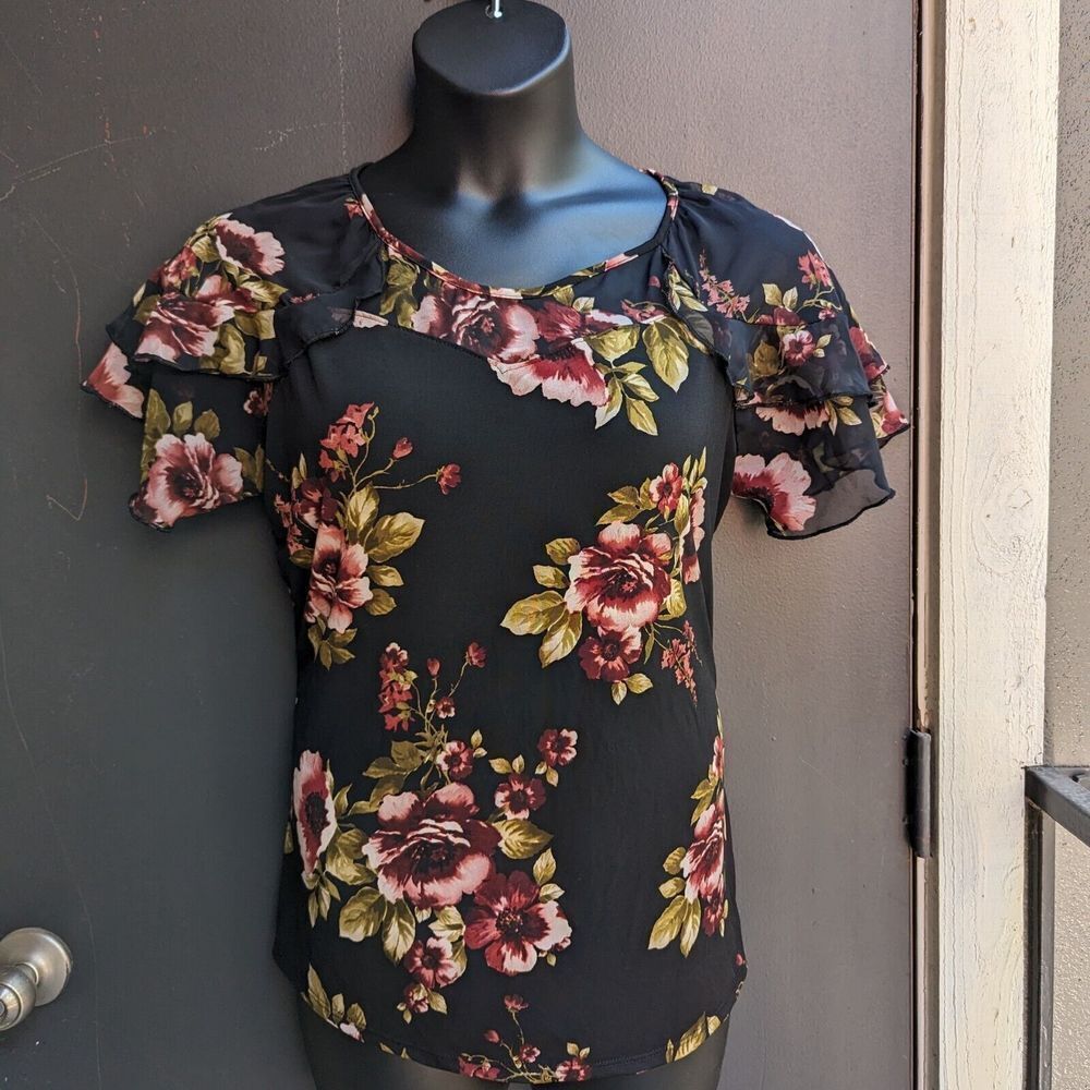 Adele May Sheer Flutter Sleeve Illusion Neckline Blouse XL Black Floral Ruffle